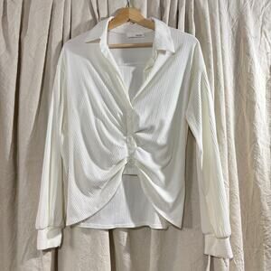 Heatherly Ribbed Ruched Button-Front Collared Top Ivory Small